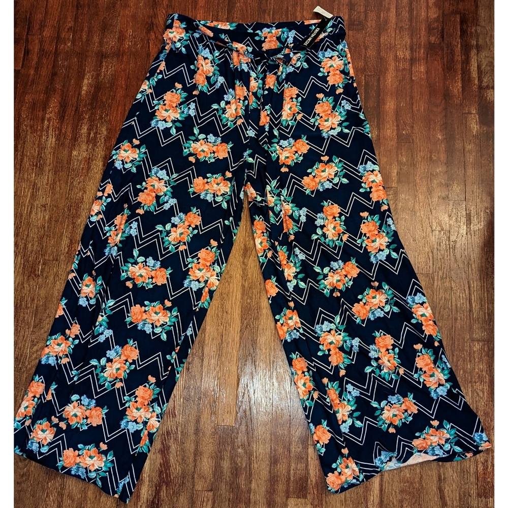 NWT floral blue belted palazzo flare bell bottom pants
